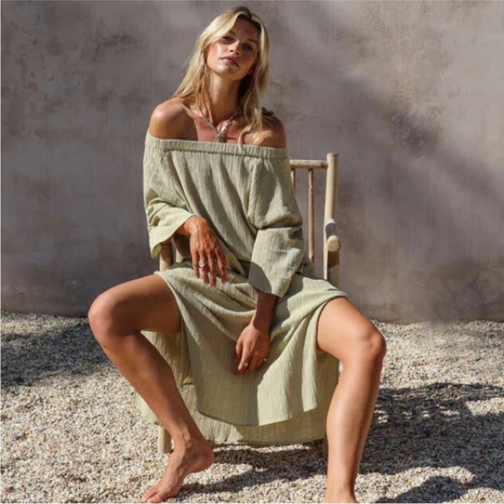 Maurie + Eve Sail Aside Green 3/4 Sleeve Cotton Maxi Dress